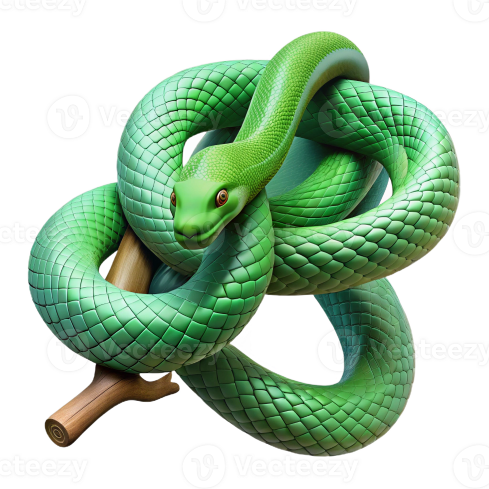 serene minimalist A slithering green mamba snake coiled around a branch, intricate scales, rainforest setting, photorealistic style detailed png