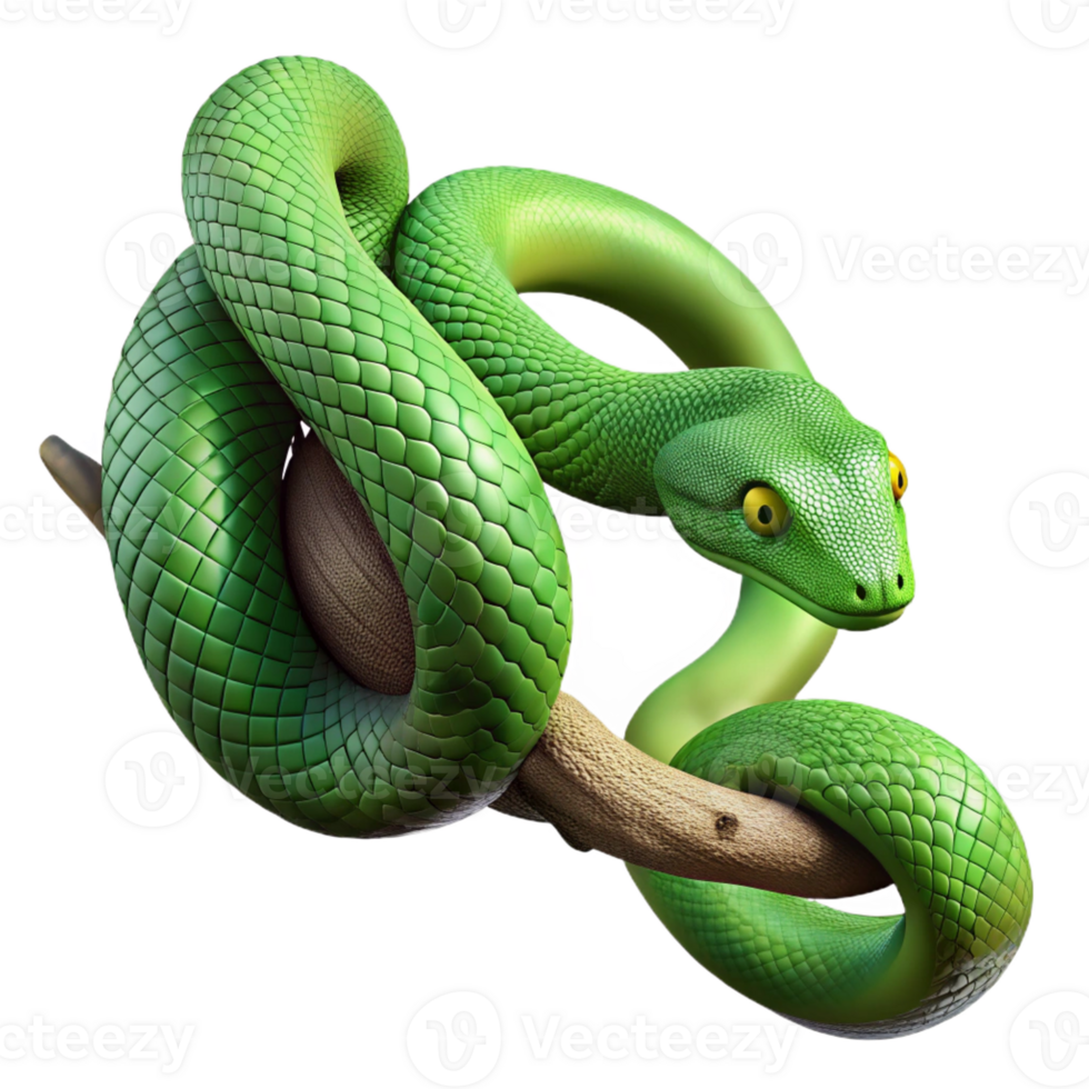 dramatic artistic A slithering green mamba snake coiled around a branch, intricate scales, rainforest setting, photorealistic style exclusive png