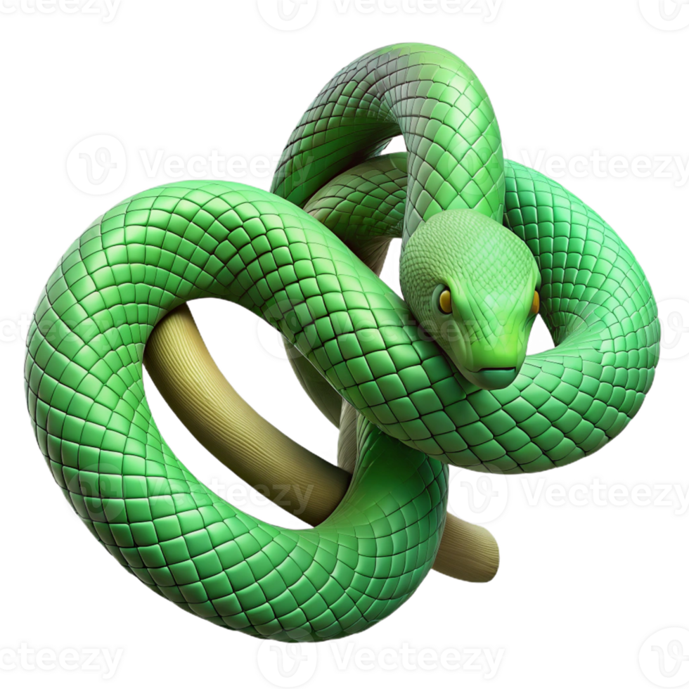 serene minimalist A slithering green mamba snake coiled around a branch, intricate scales, rainforest setting, photorealistic style 4K png