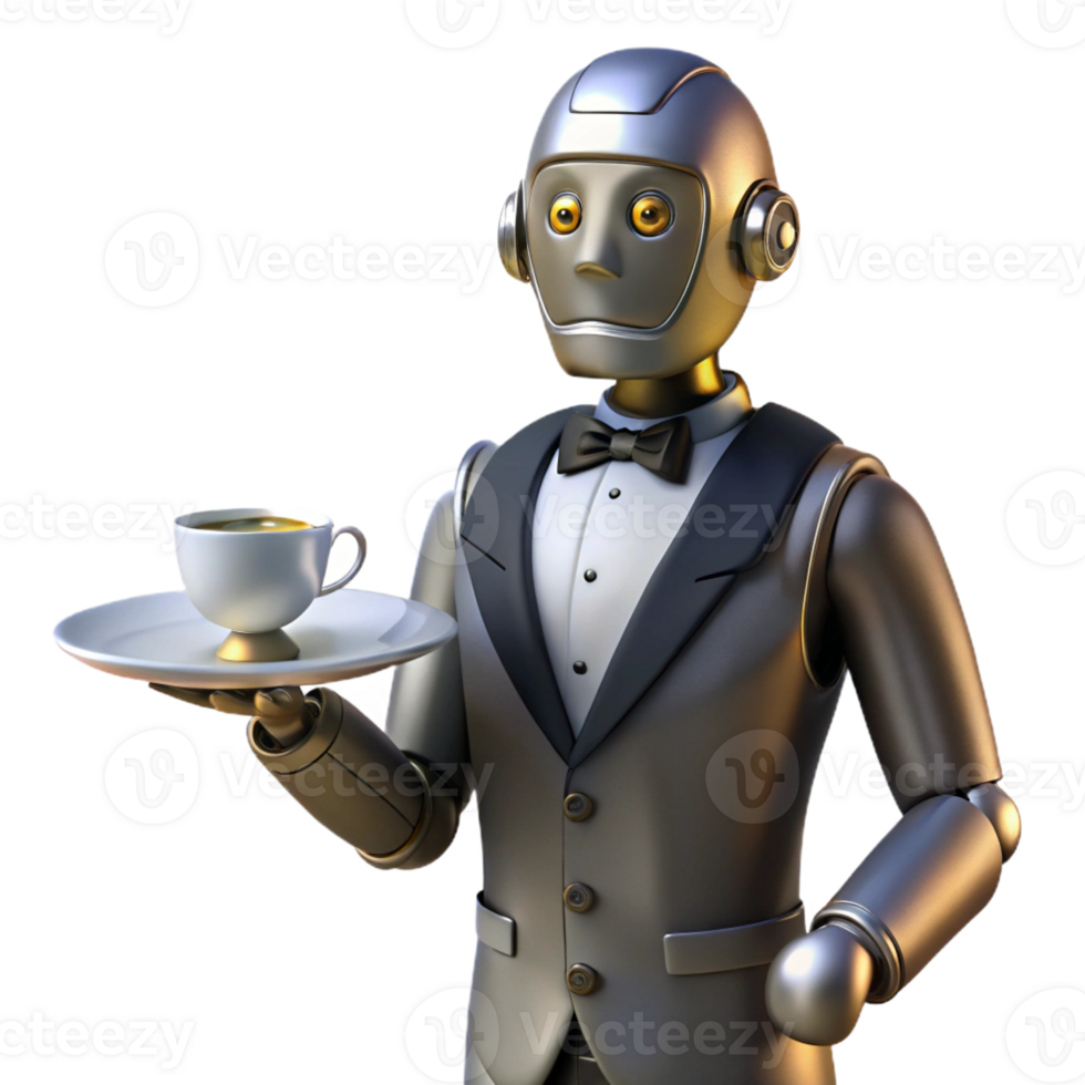 serene vintage A steampunk robot butler holding a silver tray with a cup of tea, dimly lit, Art Deco style detailed png