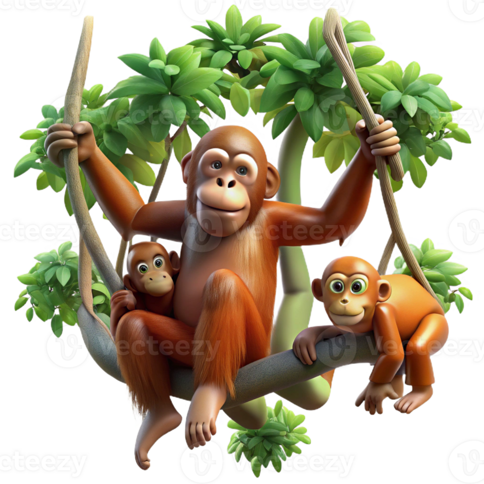 wonderful abstract A family of orangutans swinging through the rainforest canopy, dappled sunlight, dynamic movement, photorealistic style authentic png