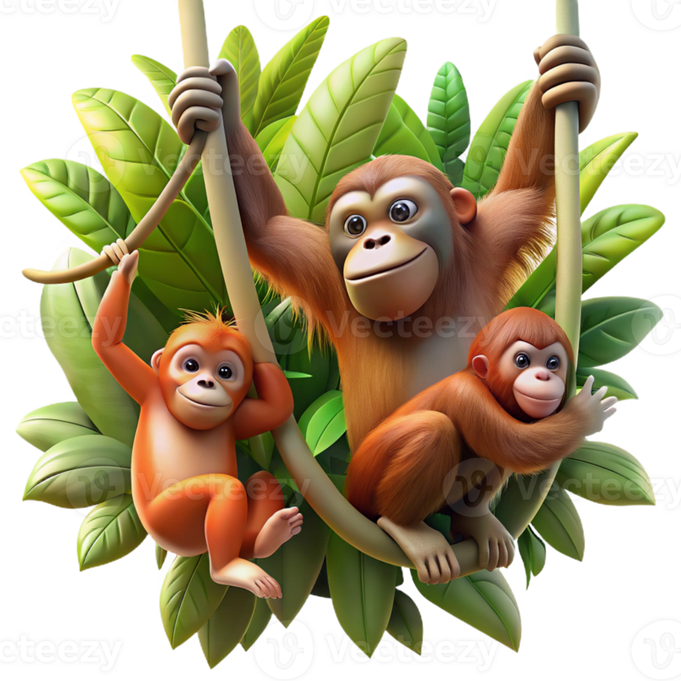 wonderful contemporary A family of orangutans swinging through the rainforest canopy, dappled sunlight, dynamic movement, photorealistic style premium png