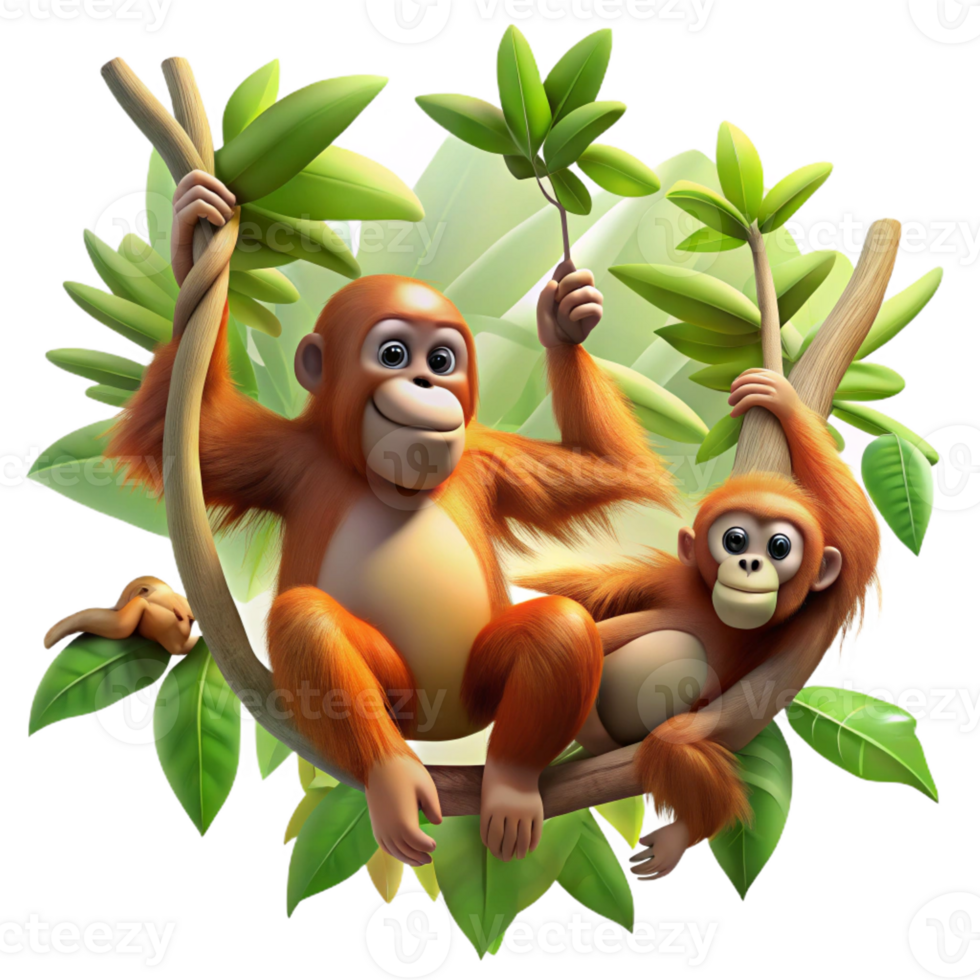 stunning artistic A family of orangutans swinging through the rainforest canopy, dappled sunlight, dynamic movement, photorealistic style high resolution png