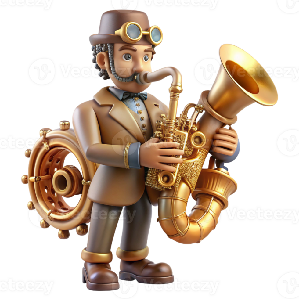 extraordinary classic A steampunk musician playing a brass instrument with intricate gears and pipes, stage lighting, Art Nouveau style premium png