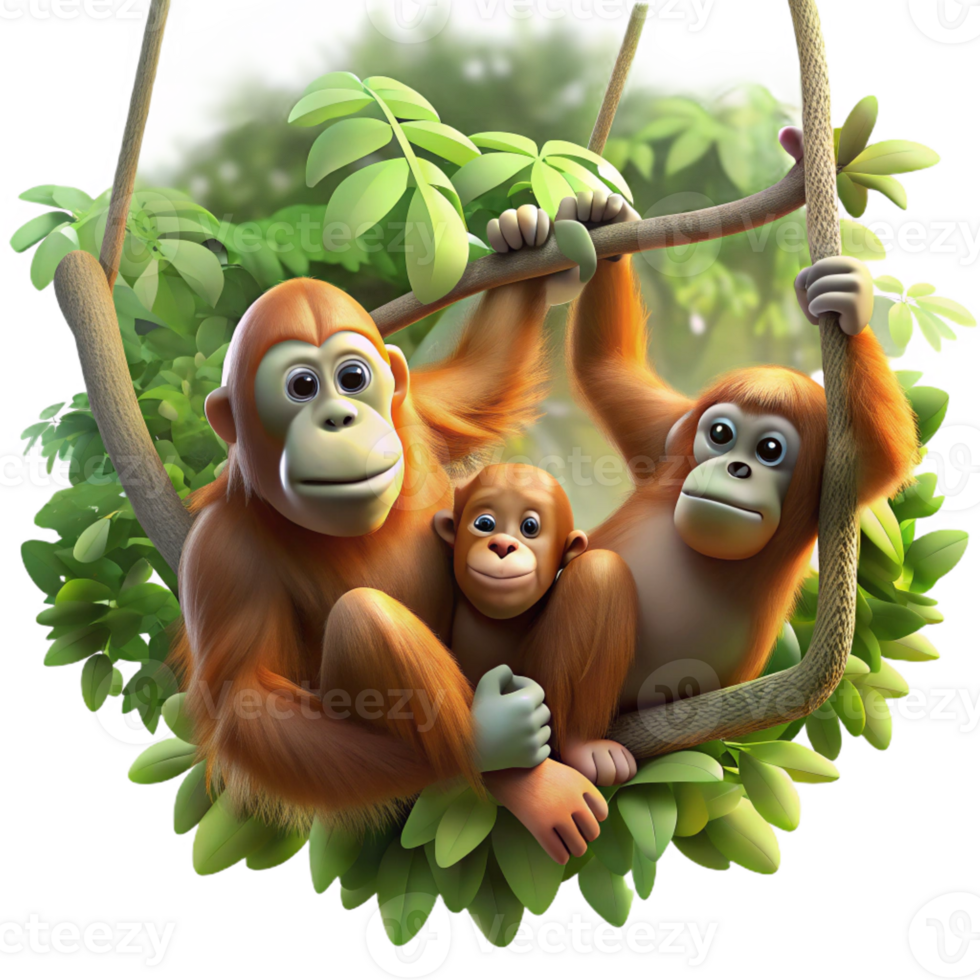 wonderful contemporary A family of orangutans swinging through the rainforest canopy, dappled sunlight, dynamic movement, photorealistic style high resolution png