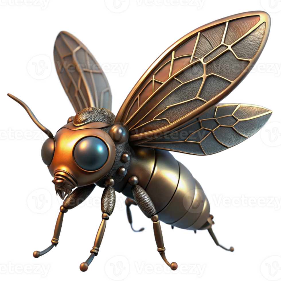 serene minimalist A steampunk insect with delicate metal wings and glowing eyes, macro photography, brightly lit detailed png