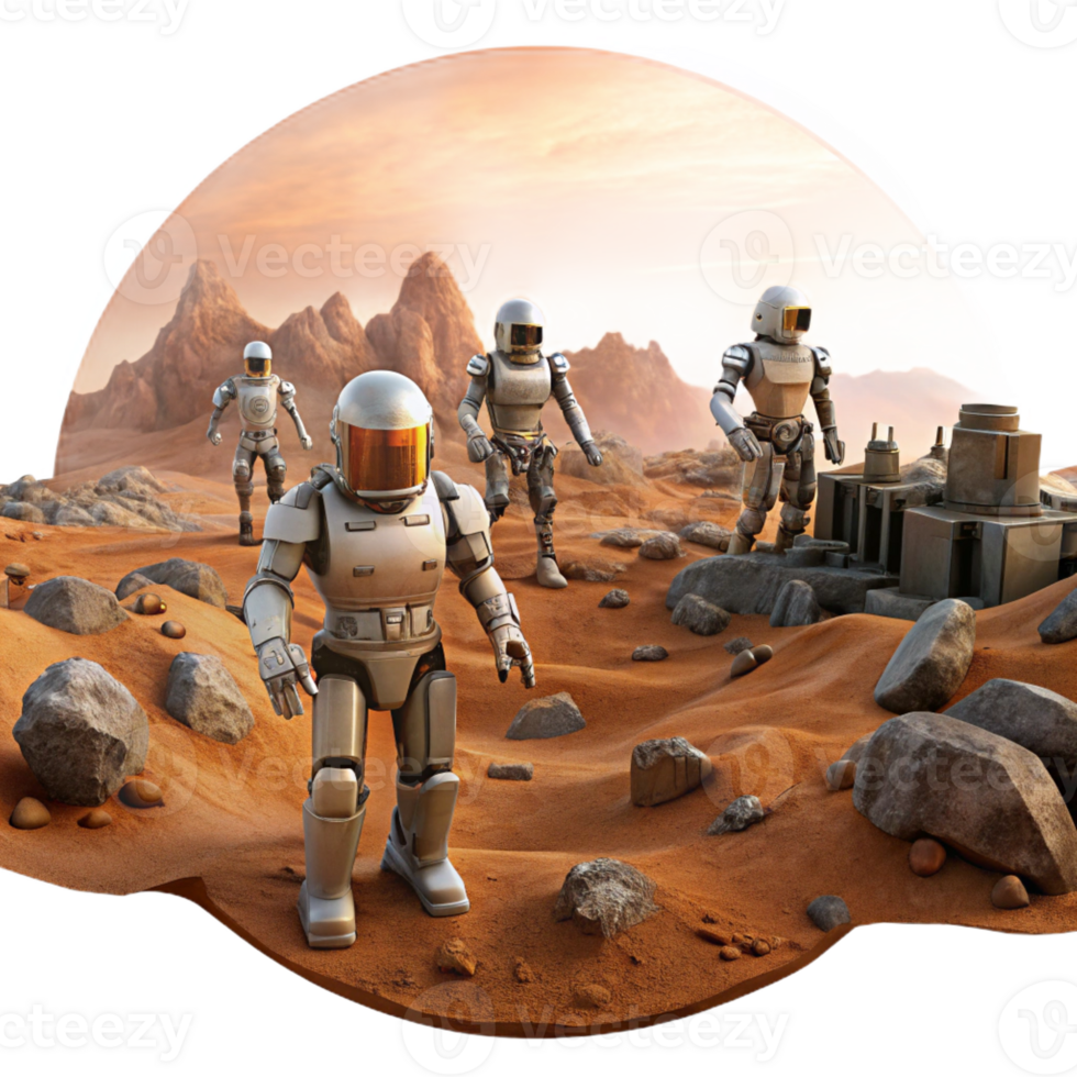 dramatic abstract A group of robotic explorers, excavating ancient ruins on a Mars-like landscape, under a dust-filled orange sky. Natural lighting, photorealistic style high quality png