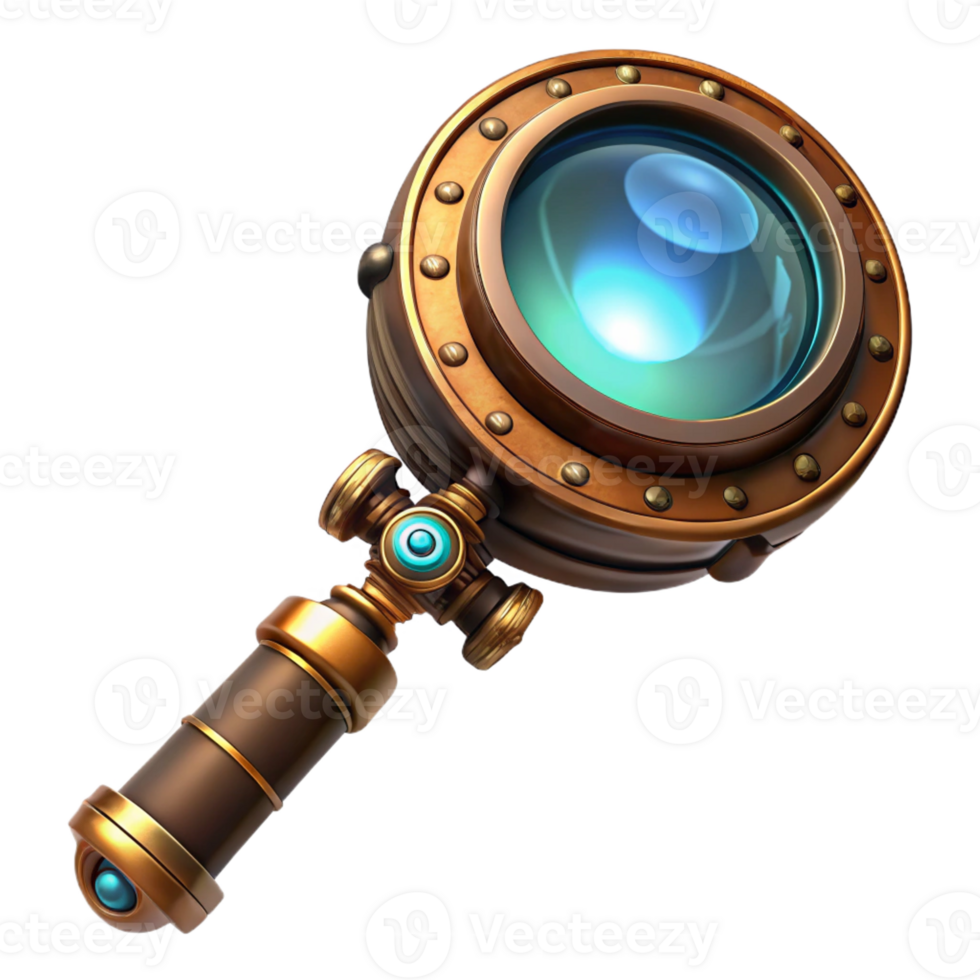 vibrant minimalist A steampunk magnifying glass with intricate engravings and a glowing lens, dimly lit, mysterious atmosphere genuine png