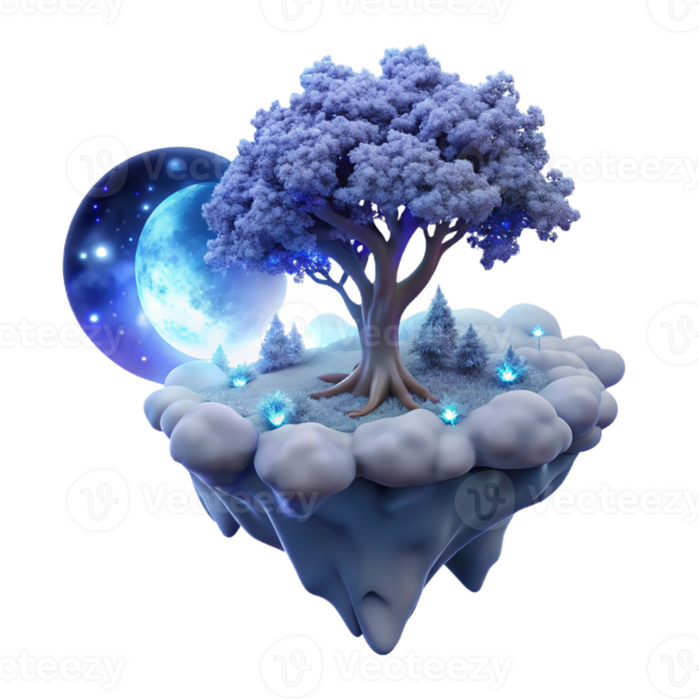 vibrant artistic A lone, bioluminescent tree, growing on a floating island amidst a sea of clouds, illuminated by the soft glow of a hidden moon. Ethereal lighting, fantasy art style authentic png