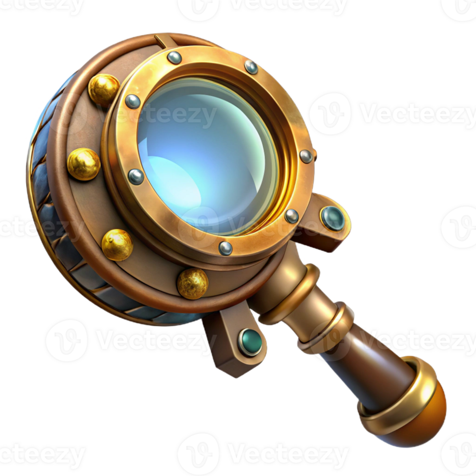 stunning vintage A steampunk magnifying glass with intricate engravings and a glowing lens, dimly lit, mysterious atmosphere high resolution png