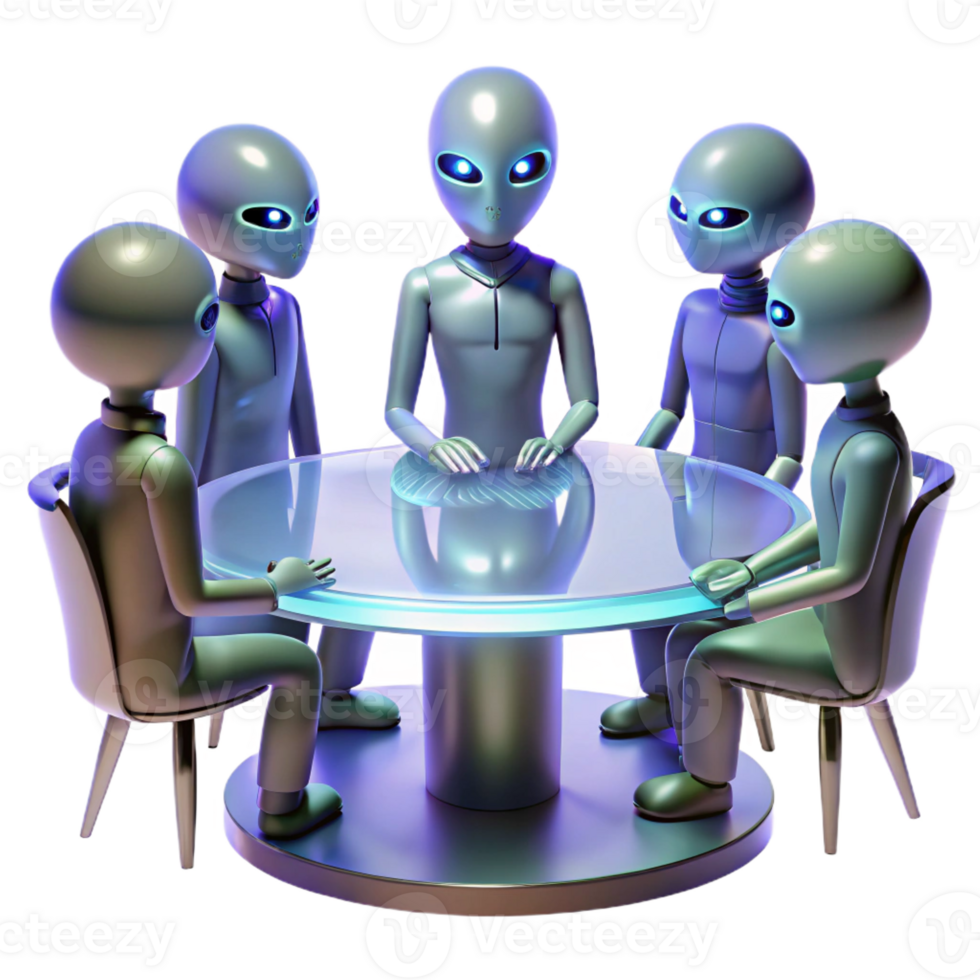 dramatic abstract A group of alien diplomats, with iridescent skin and elongated limbs, gathered around a holographic table in a sleek, minimalist chamber. Soft lighting, futuristic style original png