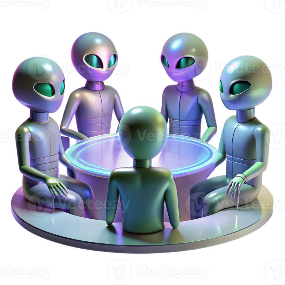 serene creative A group of alien diplomats, with iridescent skin and elongated limbs, gathered around a holographic table in a sleek, minimalist chamber. Soft lighting, futuristic style professional png