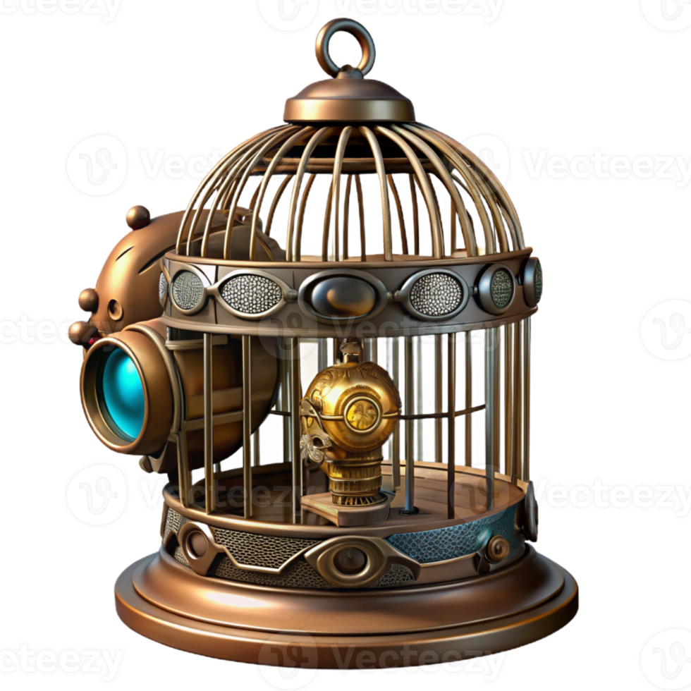 beautiful contemporary A steampunk birdcage containing a mechanical bird, intricate details, dimly lit authentic png