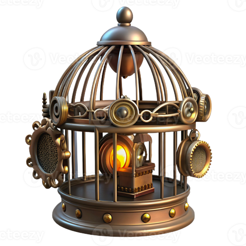 dramatic traditional A steampunk birdcage containing a mechanical bird, intricate details, dimly lit high resolution png