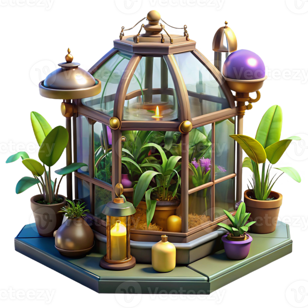 wonderful abstract A steampunk greenhouse filled with exotic mechanical plants, brightly lit, whimsical style original png