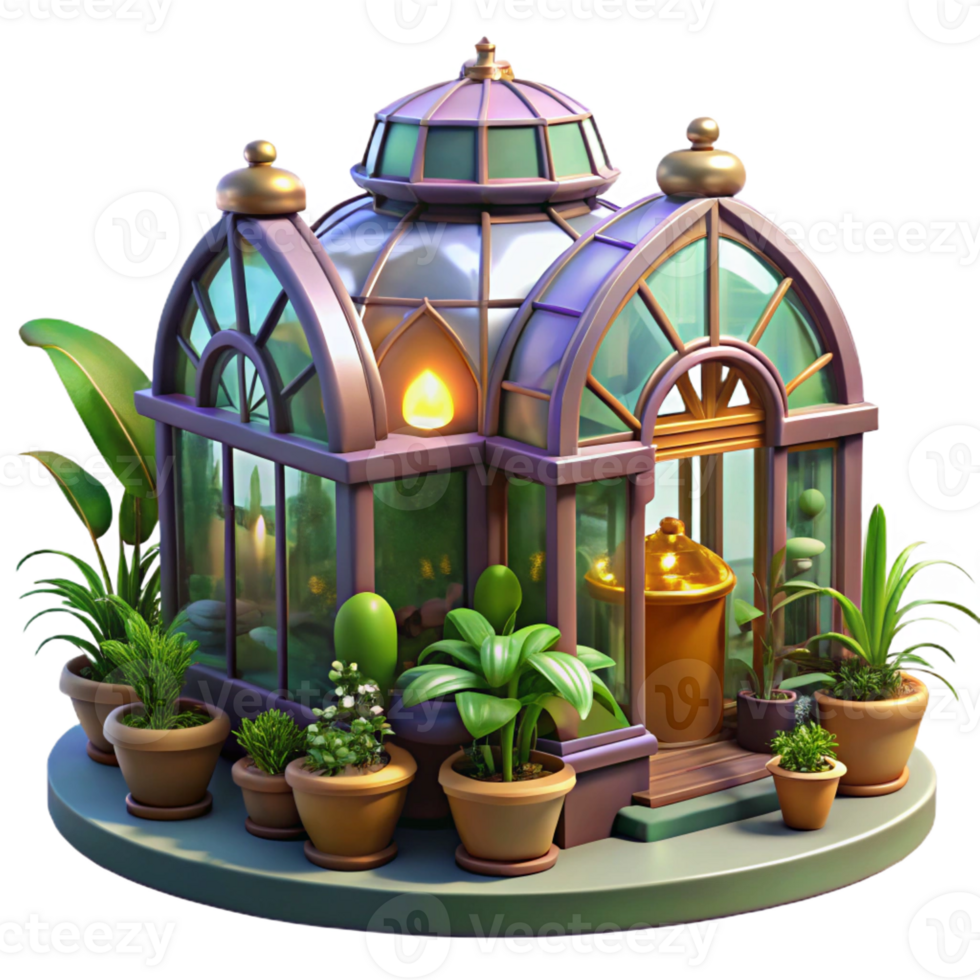 dramatic rustic A steampunk greenhouse filled with exotic mechanical plants, brightly lit, whimsical style high resolution png