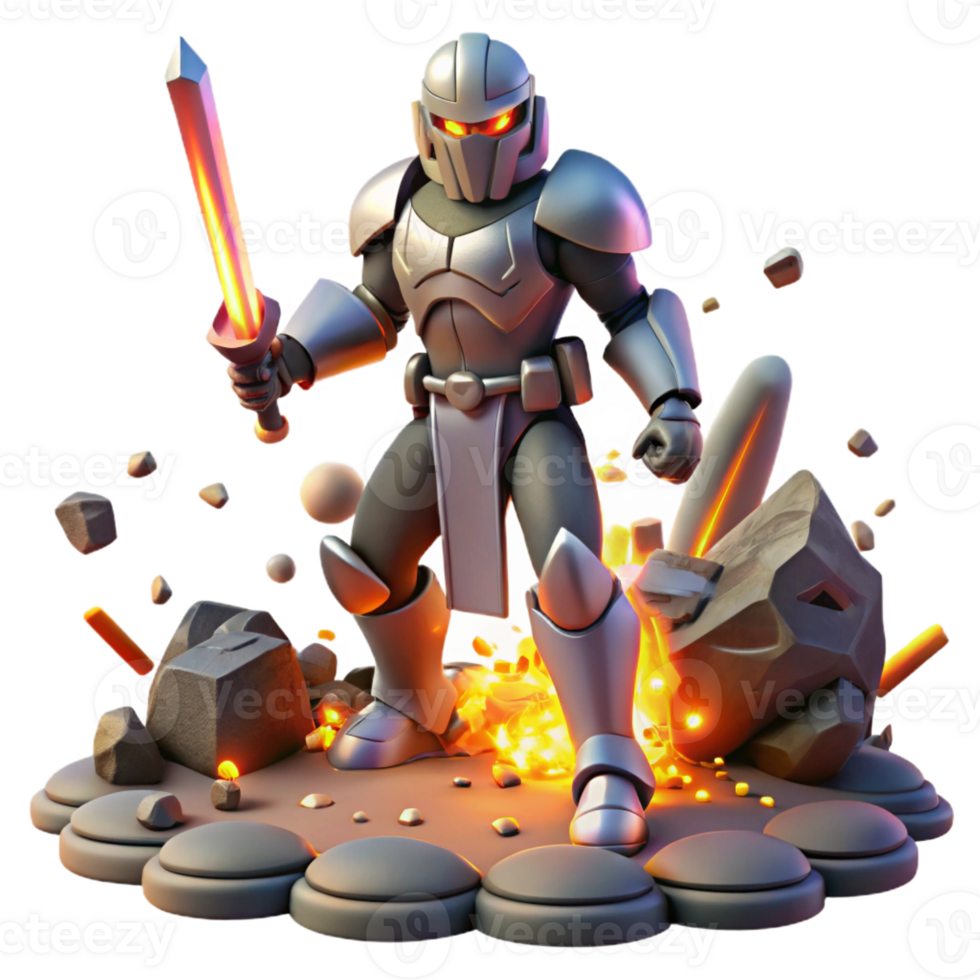 serene abstract A futuristic warrior, wielding a plasma sword, standing amidst a battlefield strewn with robotic debris, illuminated by explosions. Dramatic lighting, comic book style original png