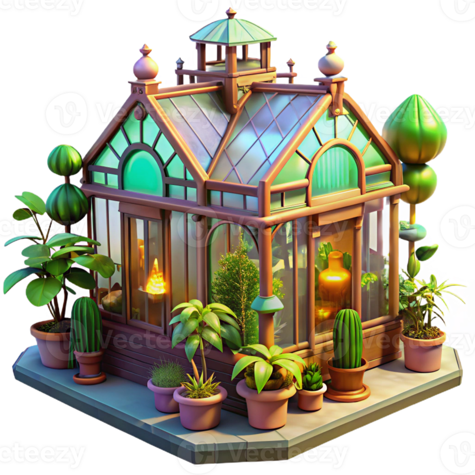 wonderful traditional A steampunk greenhouse filled with exotic mechanical plants, brightly lit, whimsical style original png