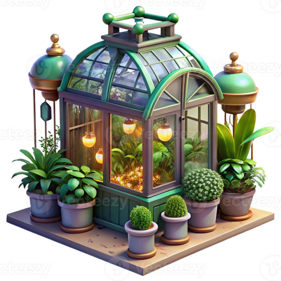 extraordinary modern A steampunk greenhouse filled with exotic mechanical plants, brightly lit, whimsical style genuine png