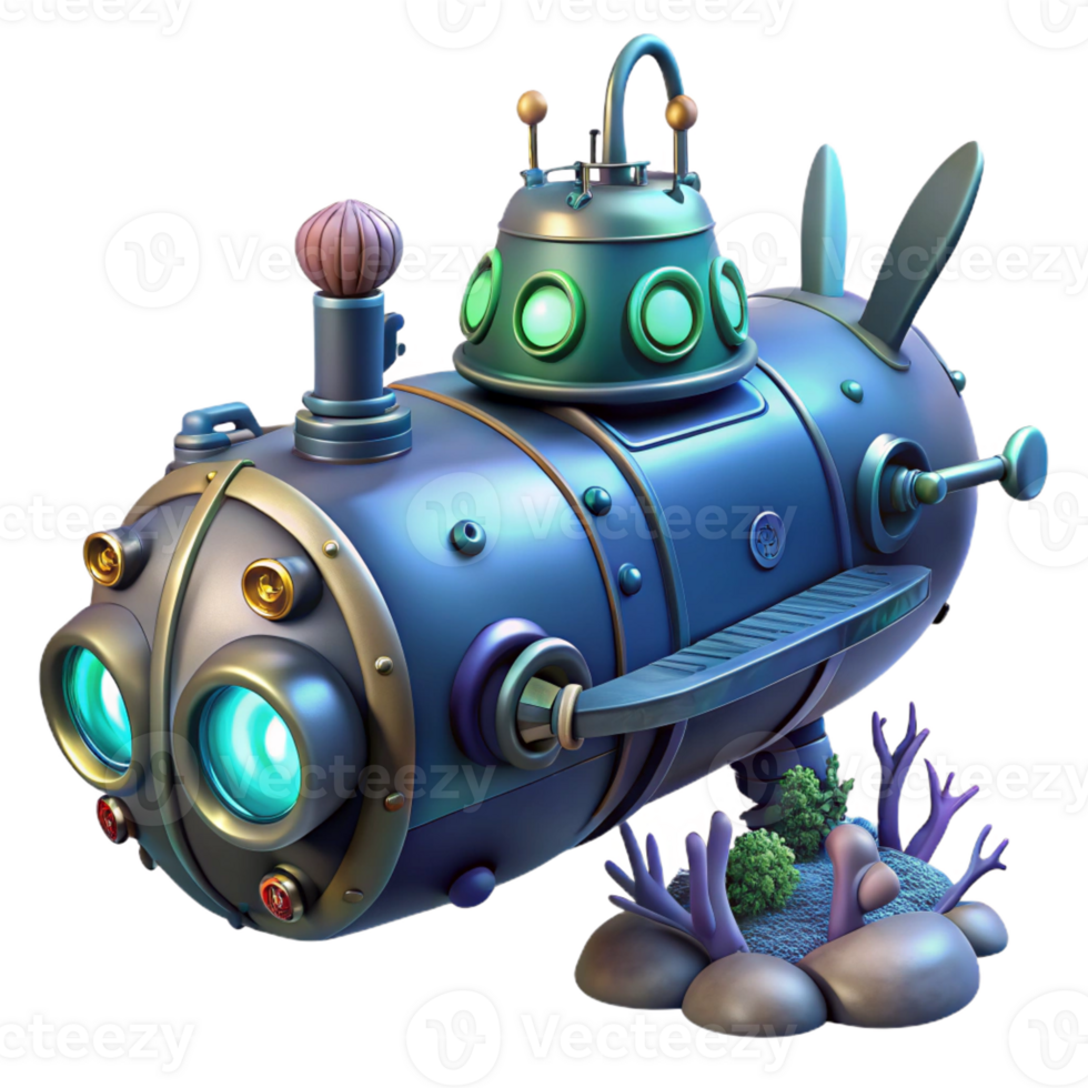 magnificent minimalist A steampunk submarine exploring a deep-sea trench, underwater lighting, bioluminescent creatures exclusive png