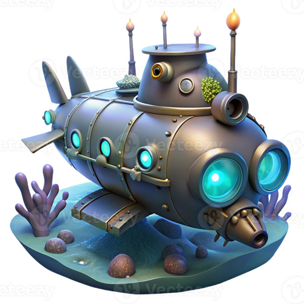 beautiful rustic A steampunk submarine exploring a deep-sea trench, underwater lighting, bioluminescent creatures 4K png