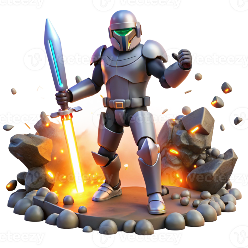 stunning vintage A futuristic warrior, wielding a plasma sword, standing amidst a battlefield strewn with robotic debris, illuminated by explosions. Dramatic lighting, comic book style high resolution png