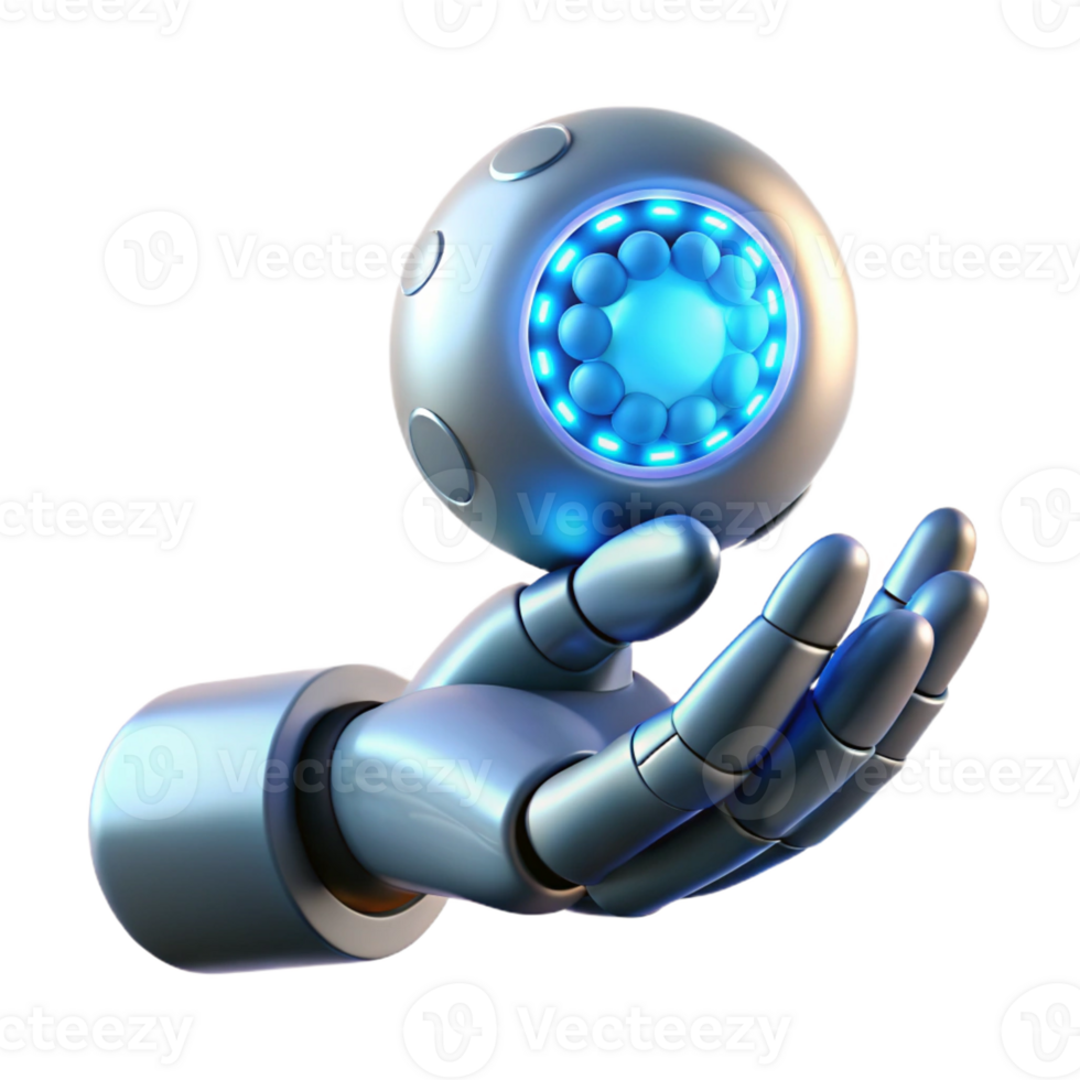 wonderful traditional A chrome robot hand delicately holding a glowing orb of binary code, illuminated by soft blue neon light, cyberpunk style detailed png