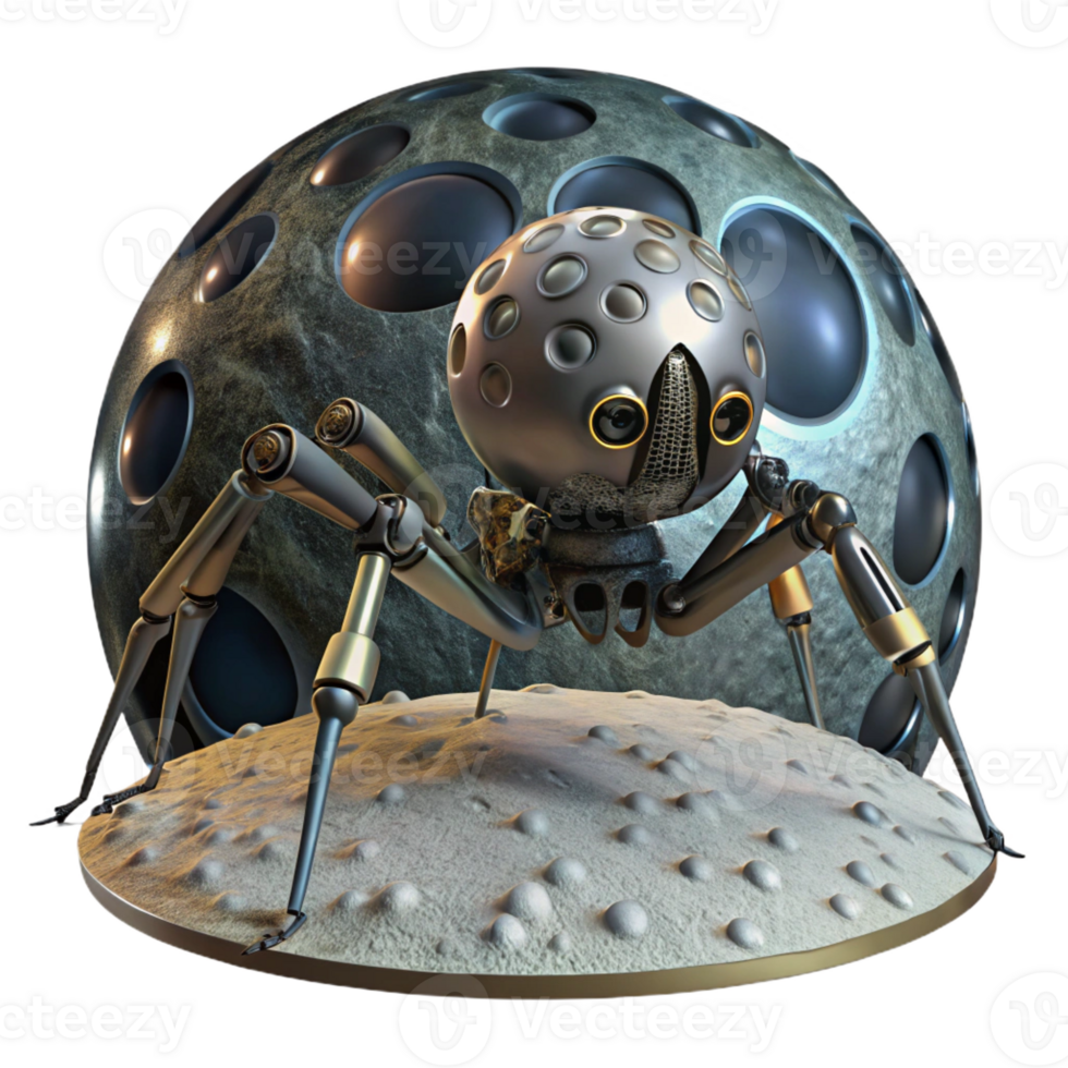 stunning rustic A giant, robotic spider, crawling across the surface of a desolate moon, under a starry sky. Natural lighting, photorealistic style original png