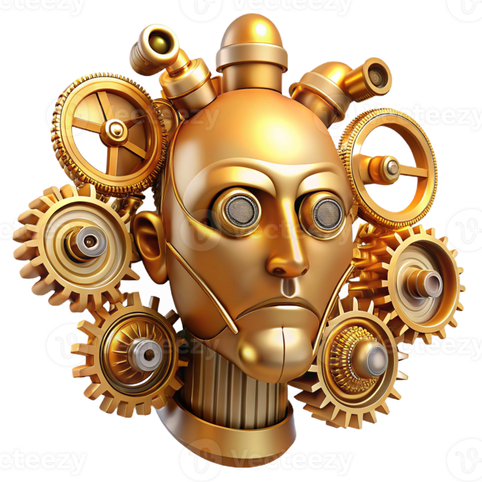 magnificent minimalist Intricate clockwork gears and tubes forming a human face, bathed in warm golden light, steampunk style genuine png