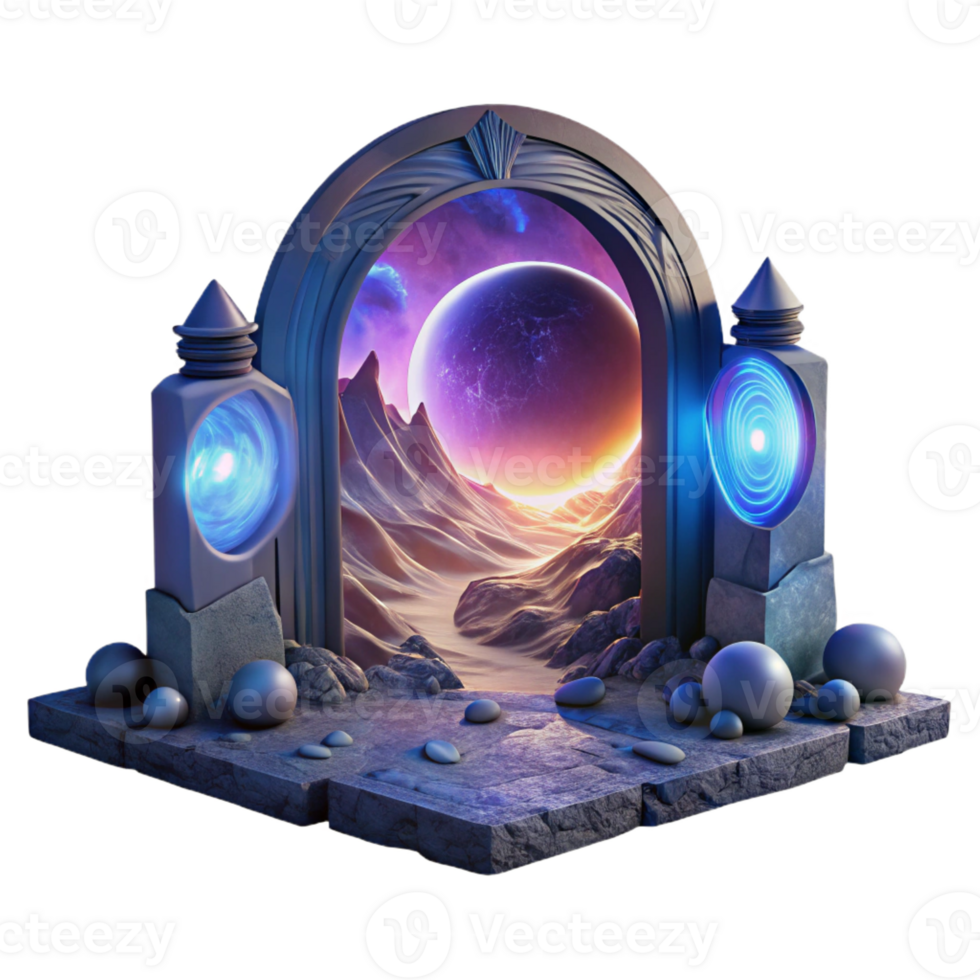 vibrant contemporary A portal swirling with cosmic energy, opening onto a breathtaking alien landscape, with twin suns in the sky. Surreal lighting, fantasy art style 4K png