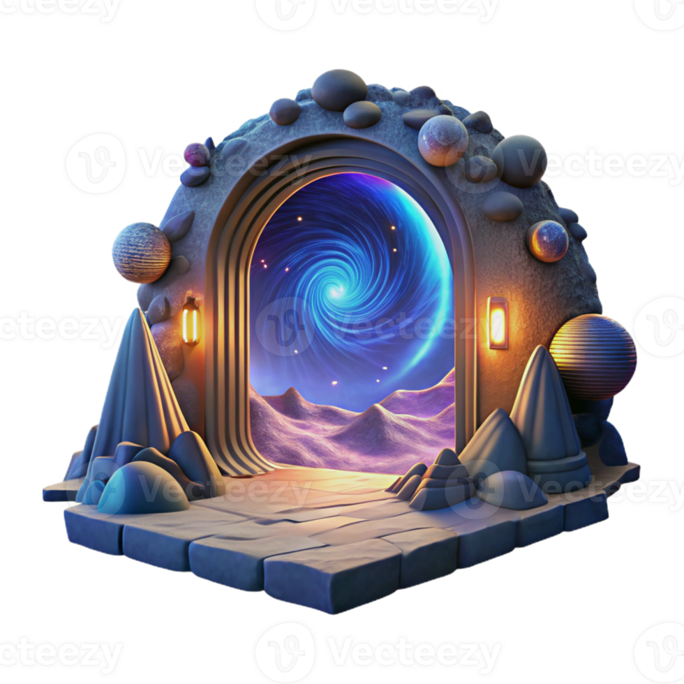 vibrant rustic A portal swirling with cosmic energy, opening onto a breathtaking alien landscape, with twin suns in the sky. Surreal lighting, fantasy art style high resolution png