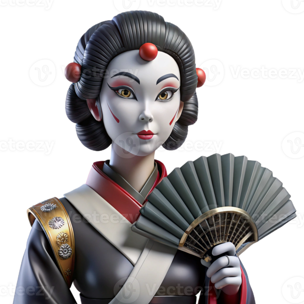 beautiful contemporary A cyborg geisha, with intricate robotic prosthetics and traditional makeup, holding a fan. Soft lighting, cyberpunk style high quality png