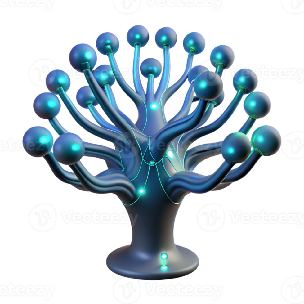 extraordinary rustic A bioluminescent tree with data streams flowing through its branches, dark and mysterious lighting, fantasy style high quality png