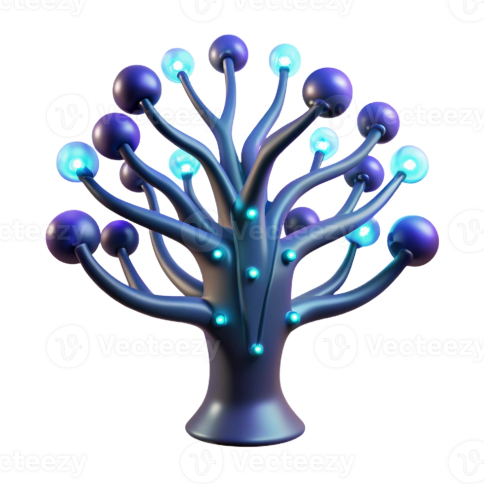 magnificent contemporary A bioluminescent tree with data streams flowing through its branches, dark and mysterious lighting, fantasy style genuine png
