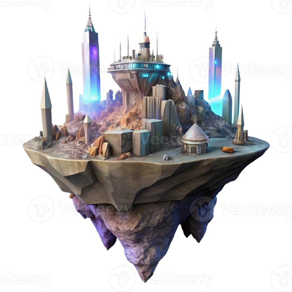 extraordinary modern A floating city, built amidst towering rock formations on an alien planet, illuminated by the soft glow of a nearby nebula. Ethereal lighting, fantasy art style exclusive png