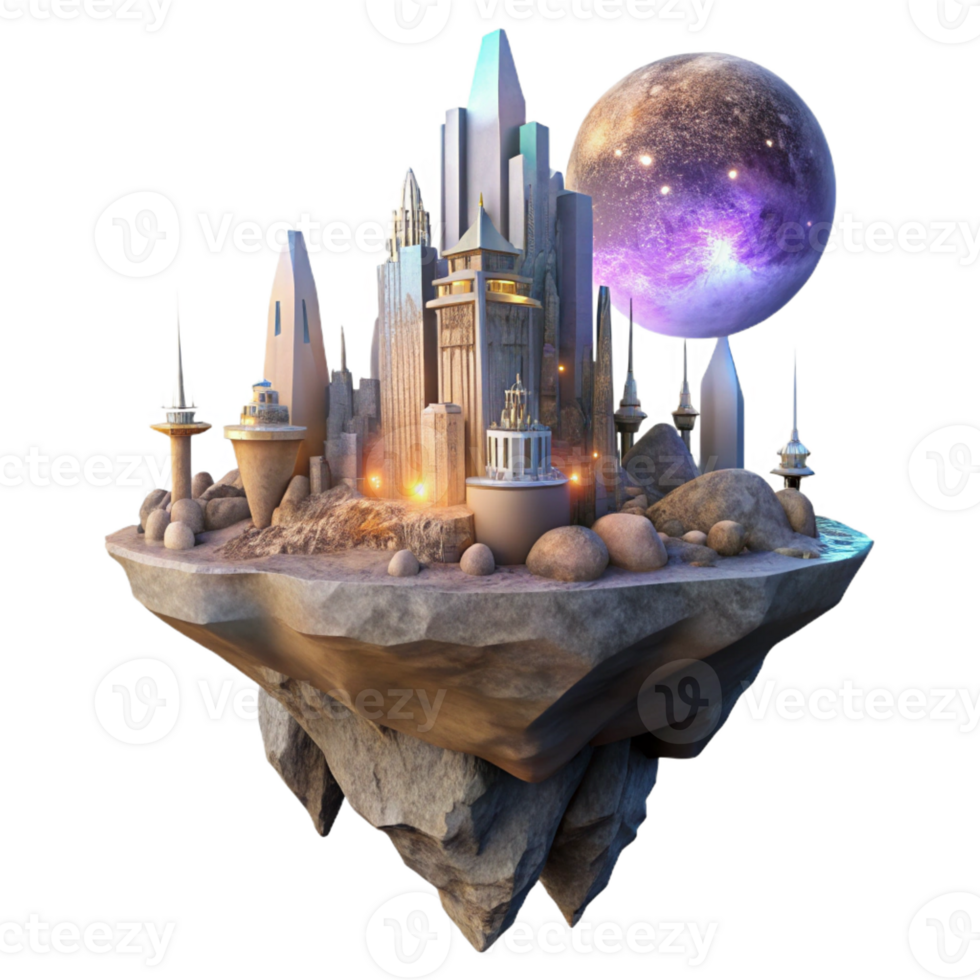 stunning classic A floating city, built amidst towering rock formations on an alien planet, illuminated by the soft glow of a nearby nebula. Ethereal lighting, fantasy art style premium png