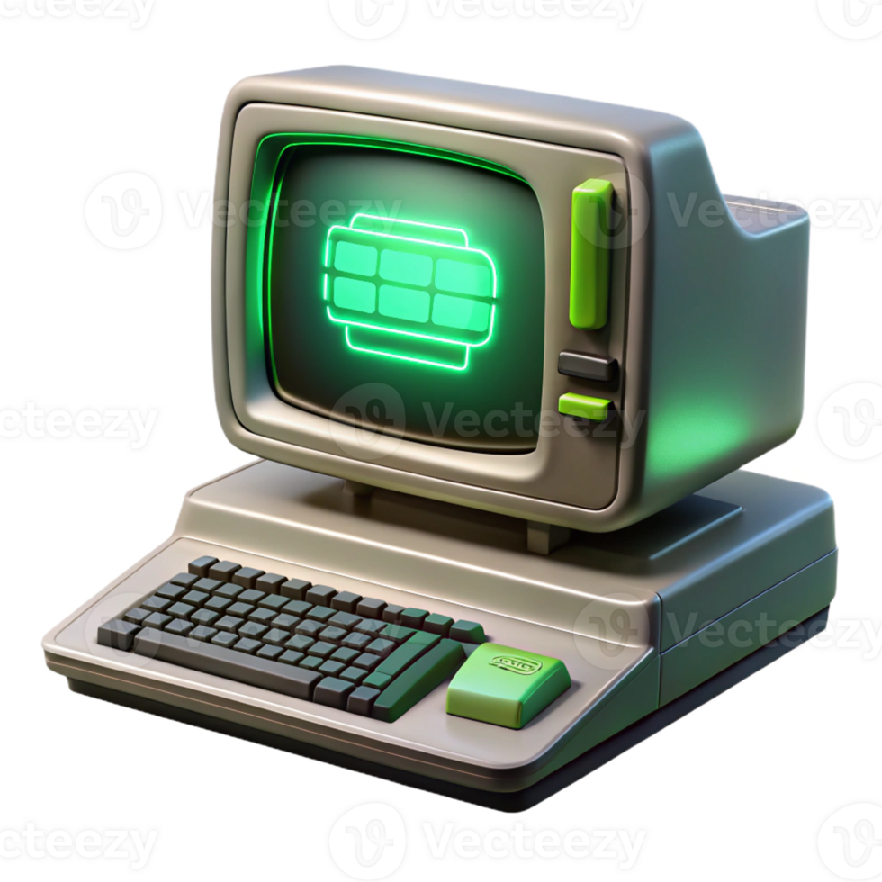stunning traditional A vintage computer terminal displaying cryptic messages, green monochrome light, retrofuturism style 4K png