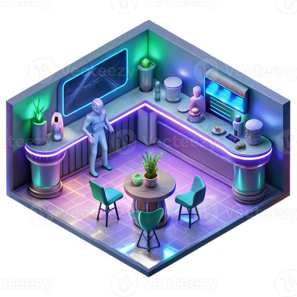 serene traditional A futuristic bar, filled with holographic projections and alien patrons, bathed in neon light. Cyberpunk lighting, isometric style 4K png