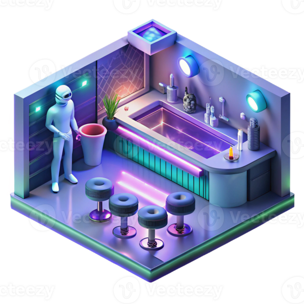 impressive classic A futuristic bar, filled with holographic projections and alien patrons, bathed in neon light. Cyberpunk lighting, isometric style original png