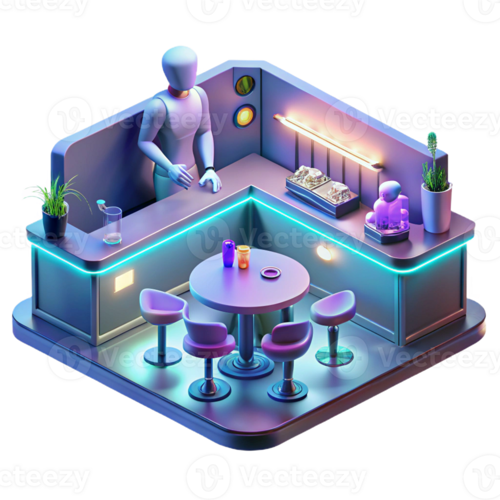 serene traditional A futuristic bar, filled with holographic projections and alien patrons, bathed in neon light. Cyberpunk lighting, isometric style genuine png