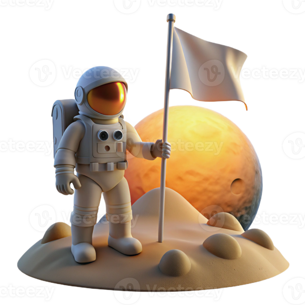 dramatic creative A lone astronaut, planting a flag on a desolate, alien planet, under a double sunset. Natural lighting, photorealistic style high quality png