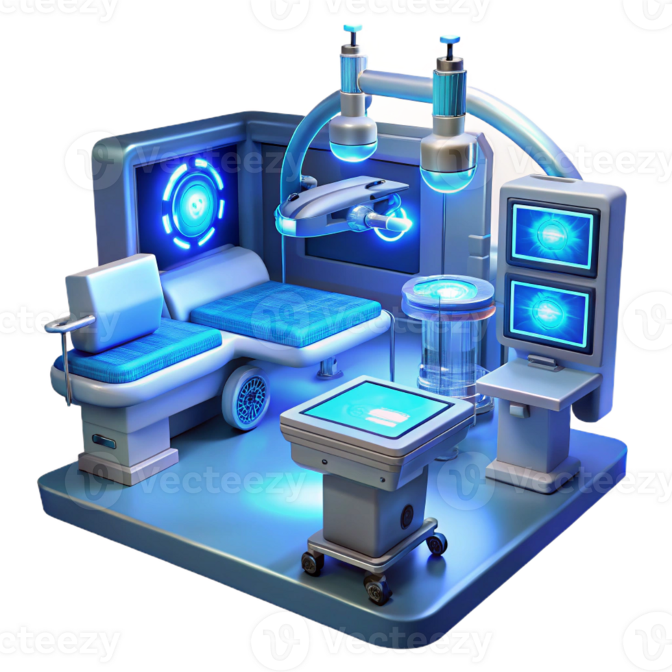 wonderful traditional A futuristic hospital operating room, with holographic displays and advanced medical equipment, bathed in sterile blue light. Sci-fi lighting, medical illustration style genuine png