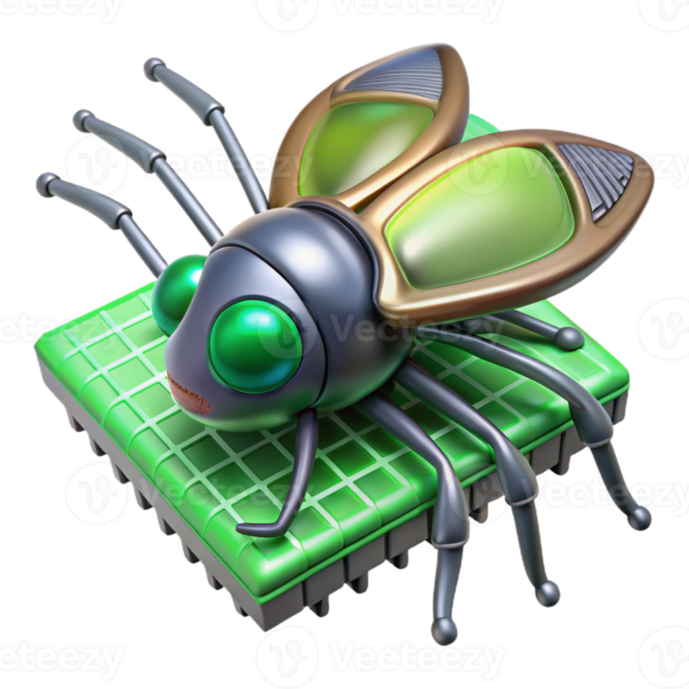 dramatic vintage A single, oversized robotic insect perched on a microchip, soft, green light, macro photography style exclusive png