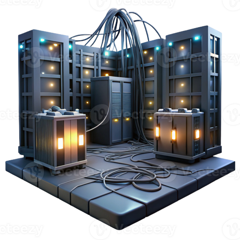 stunning creative A desolate server room with flickering lights and tangled wires, dim and ominous lighting, dystopian style high quality png