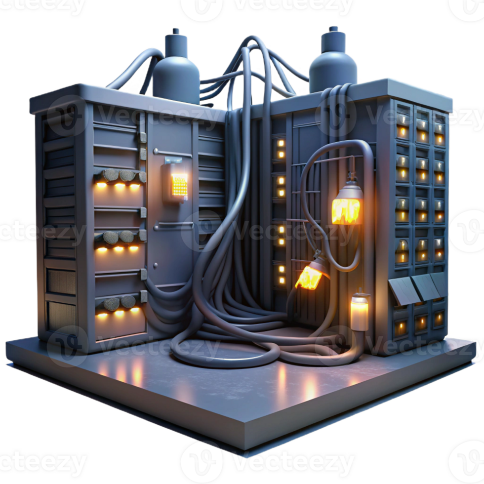 beautiful vintage A desolate server room with flickering lights and tangled wires, dim and ominous lighting, dystopian style premium png