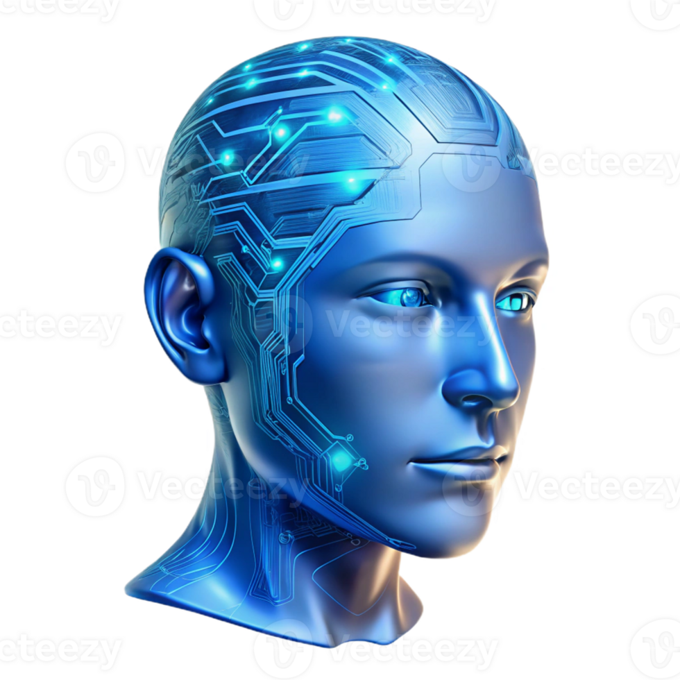 elegant minimalist A transparent human head filled with intricate circuitry, soft blue light, cyberpunk style genuine png
