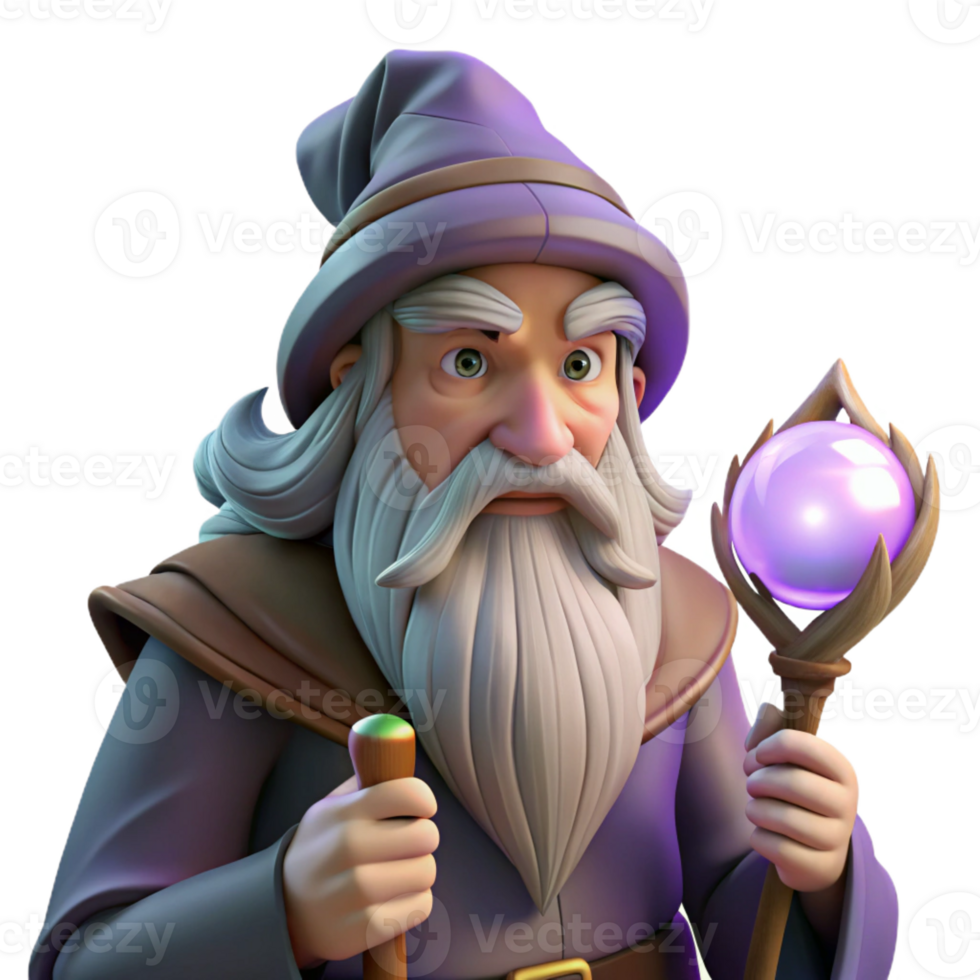 beautiful classic Portrait of a wise old wizard with a long white beard, twinkling eyes, and a staff crackling with arcane energy, lit by the glow of a crystal ball detailed png