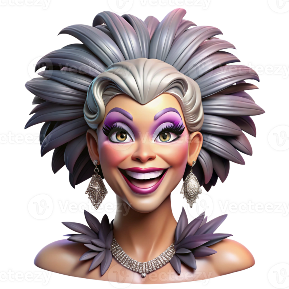 dramatic minimalist Portrait of a glamorous drag queen with extravagant makeup, a feathered headdress, and a dazzling smile, lit by stage lights 4K png