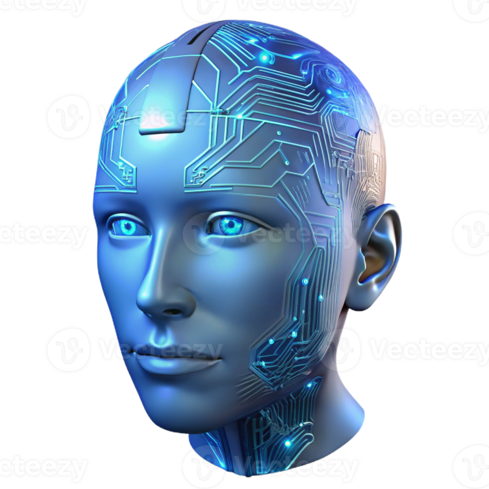 serene modern A transparent human head filled with intricate circuitry, soft blue light, cyberpunk style authentic png