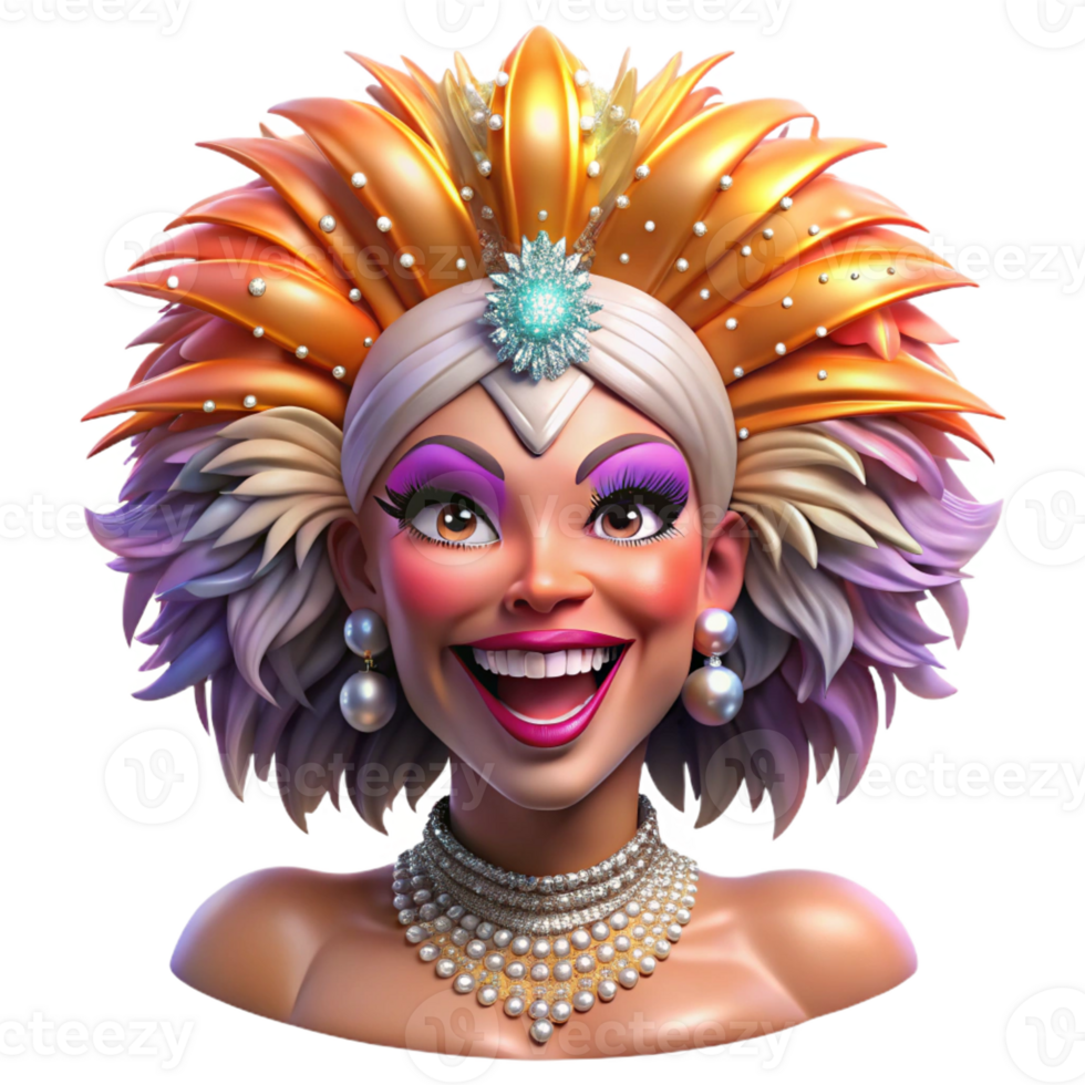 wonderful abstract Portrait of a glamorous drag queen with extravagant makeup, a feathered headdress, and a dazzling smile, lit by stage lights high quality png